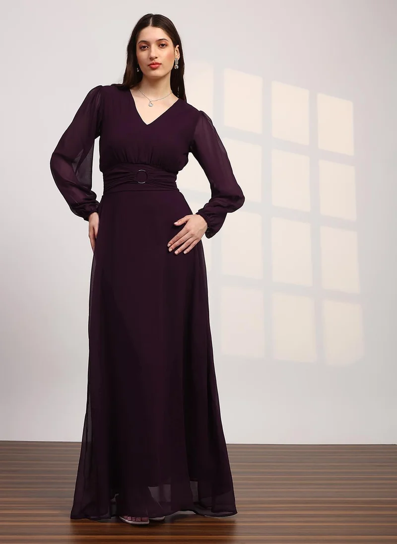 globus Globus Women Burgundy V-Neck Bishop Sleeves Smocked Georgette Fit & Flare Maxi Party Dress